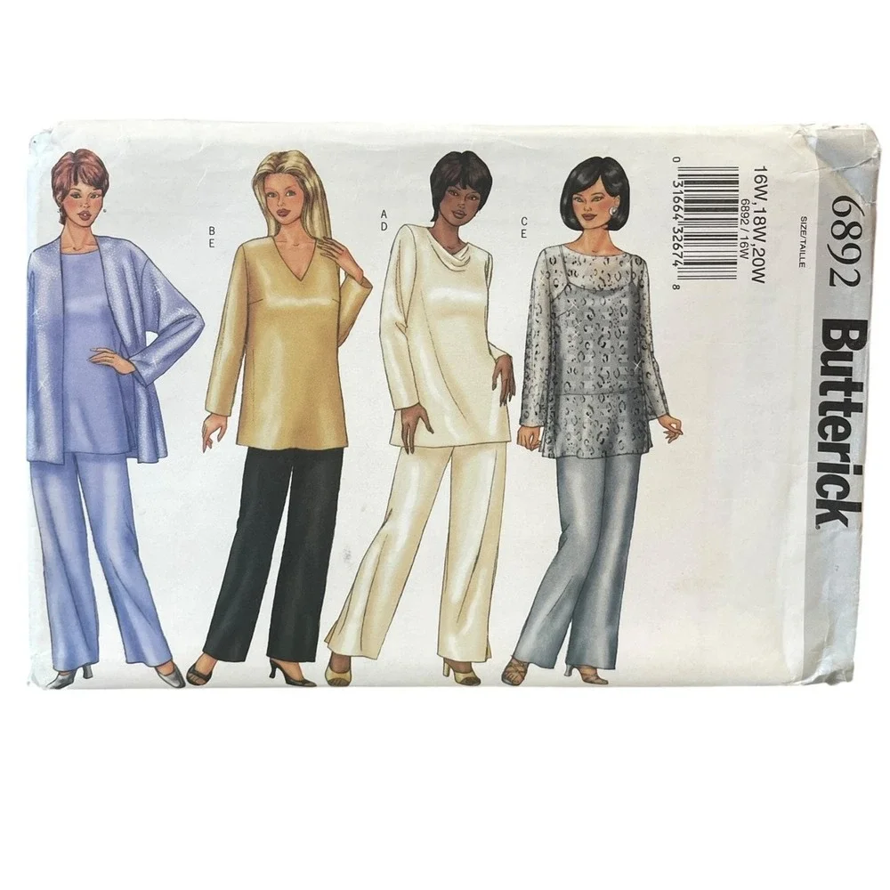 Butterick 6892 Women's Jacket Top Pants 16W-20W Very Easy Plus Size